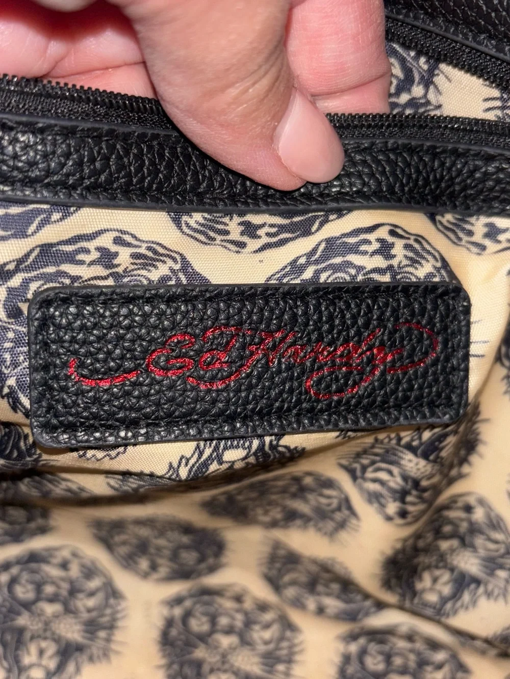 Ed Hardy Black Tattoo-Print Leather Satchel with Red Accent 14x9 “